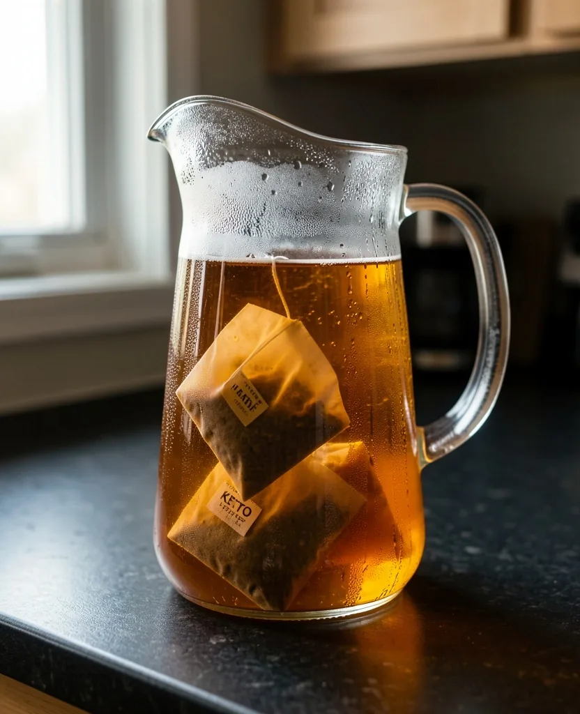 Glass jug of cold-brew tea with condensation