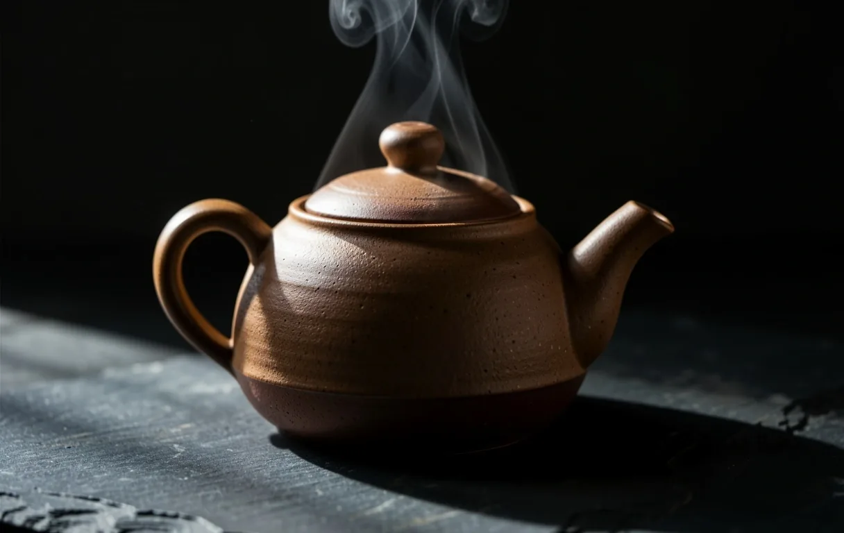 Pre-warmed ceramic teapot with rising steam
