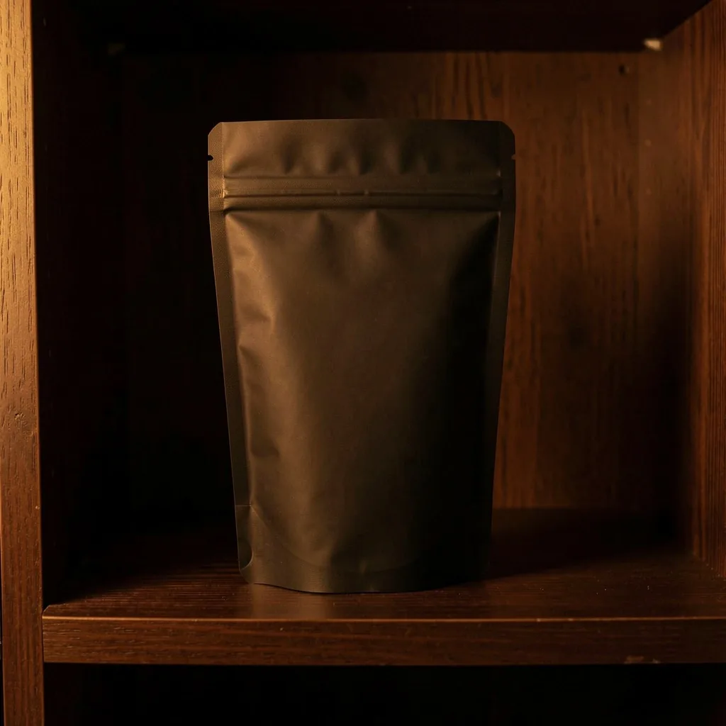 Tea packaging stored in a dark cupboard