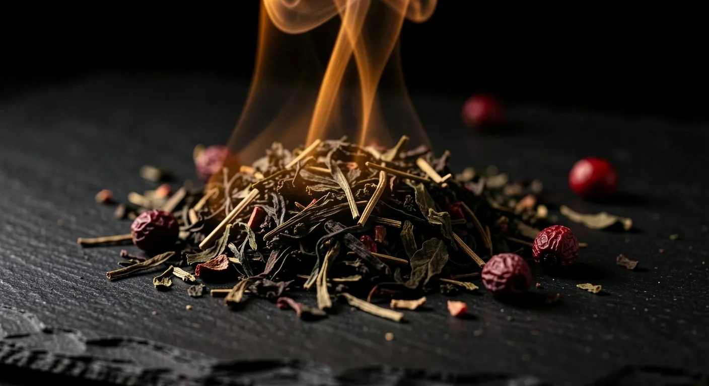Dark herbal tea leaves on a black surface with warm steam