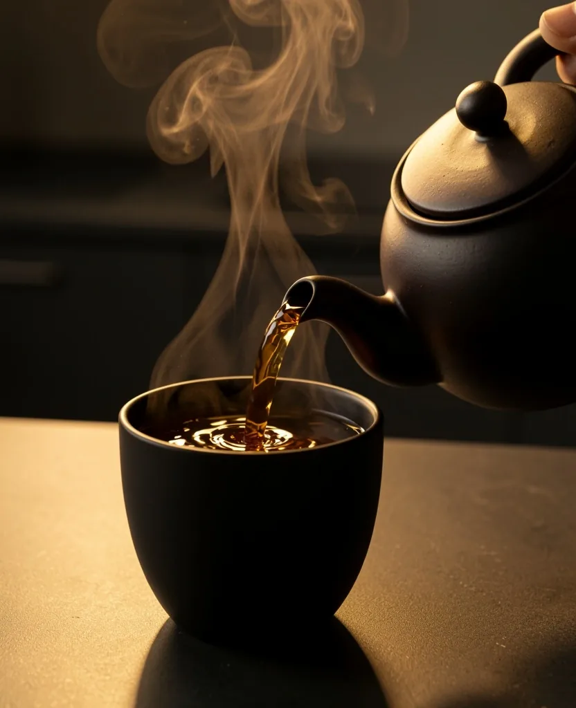 Herbal tea being poured into a dark cup