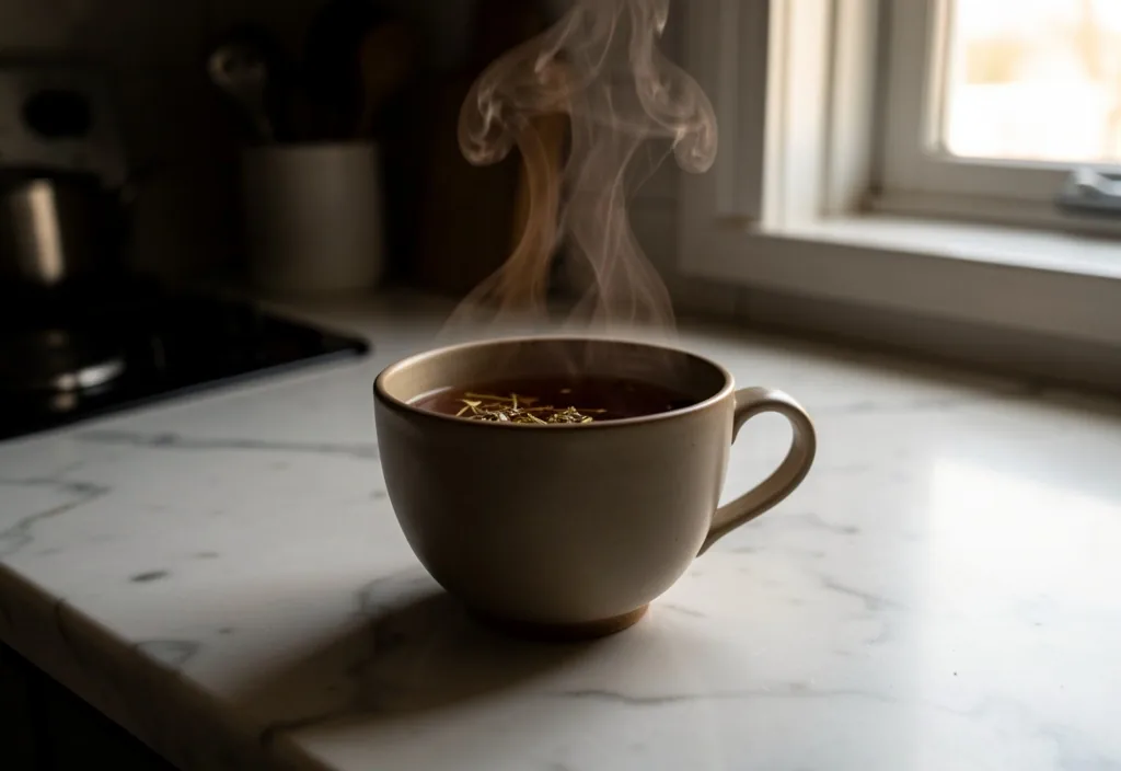 A cup of herbal tea on a kitchen counter in morning light
