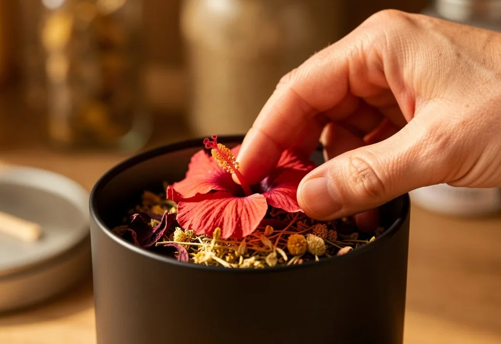 Hand reaching into a tin of loose-leaf herbal tea