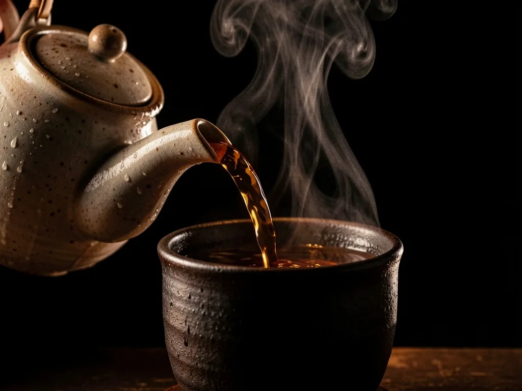 Herbal tea being poured into a dark stoneware cup