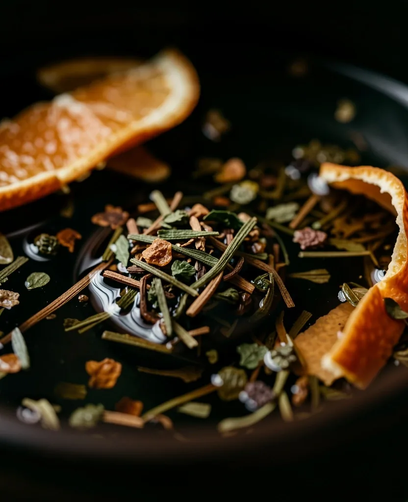 Macro view of herbal tea leaves infusing in dark water