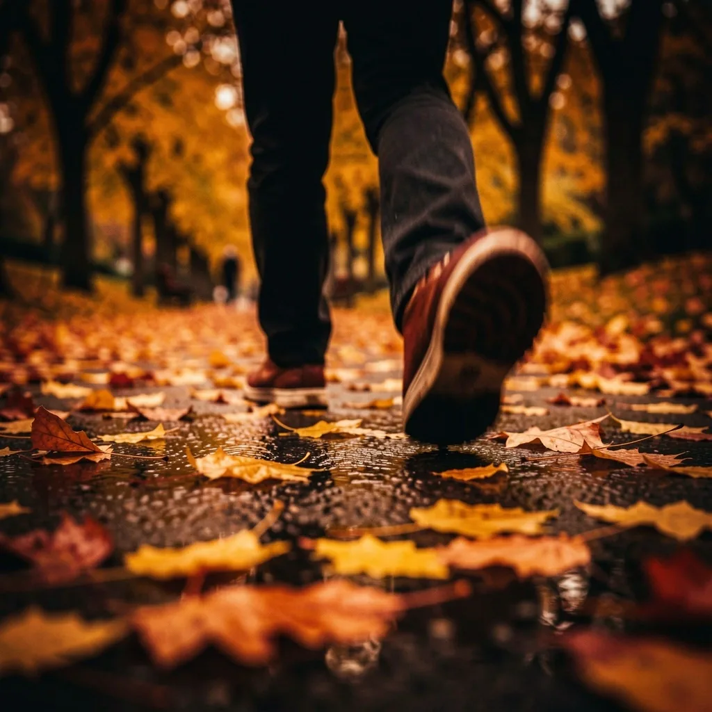 Brisk walk through a park with autumn leaves