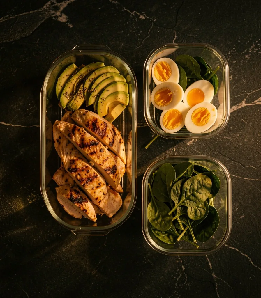 Keto meal prep containers with grilled chicken, avocado, eggs and greens