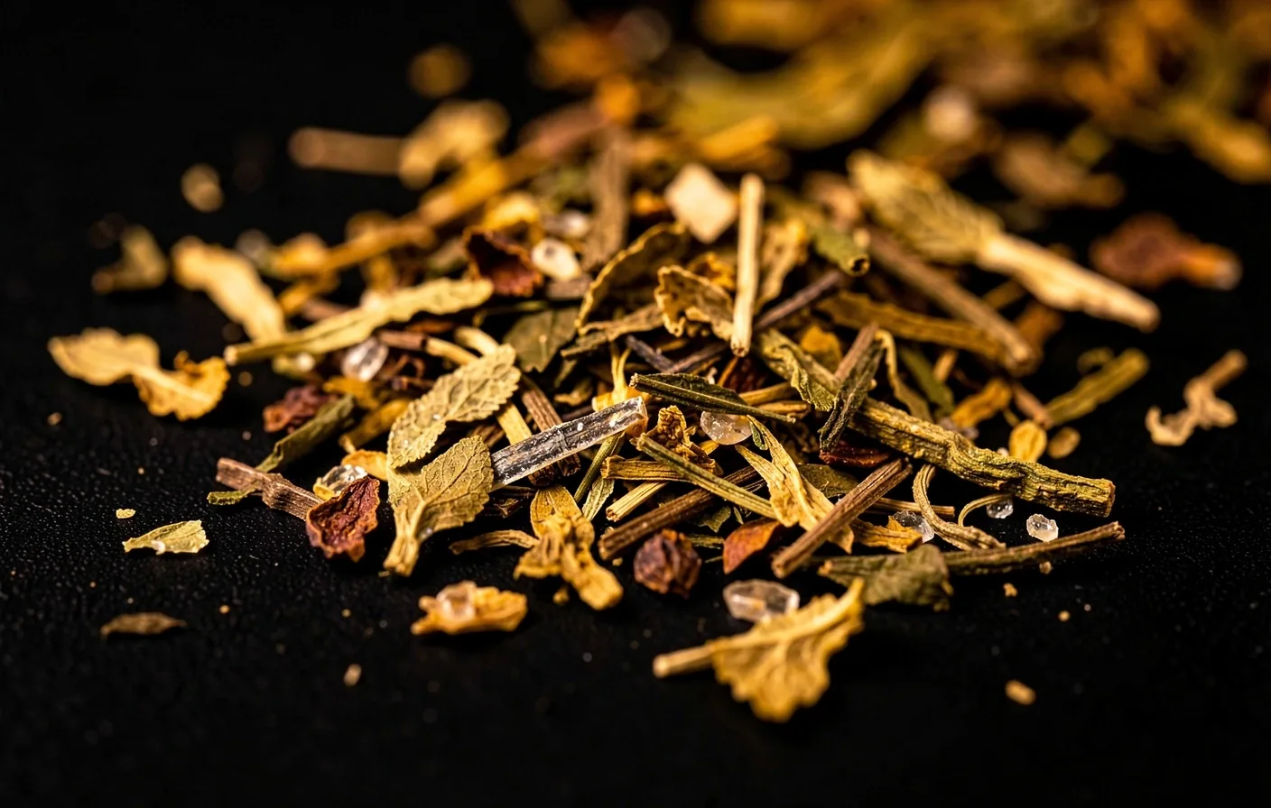Macro view of loose-leaf tea botanicals on a dark surface
