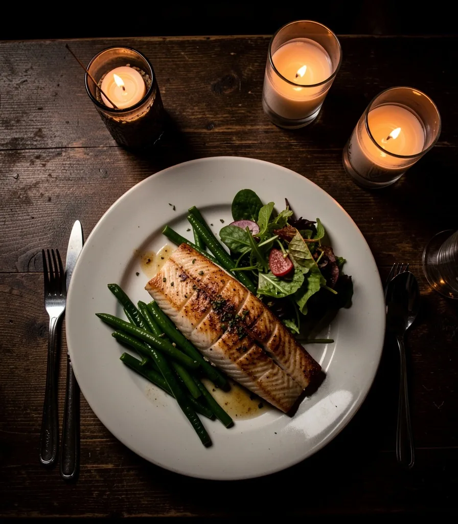 Restaurant plate of grilled fish with green vegetables