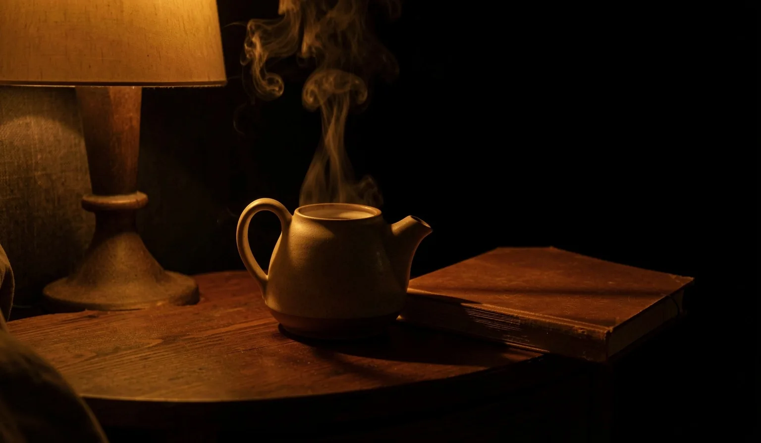 Steaming teapot on a bedside table in the evening