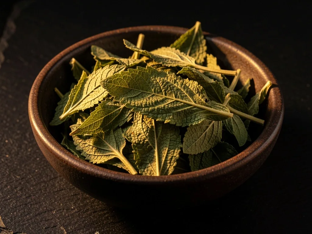 Dried stevia leaves in a dark bowl