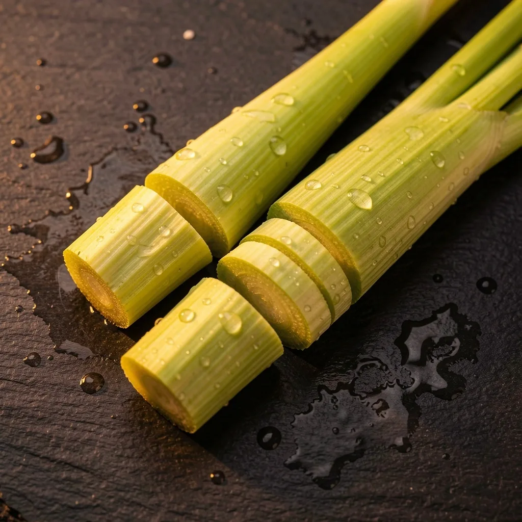 Fresh lemongrass stalks on dark stone