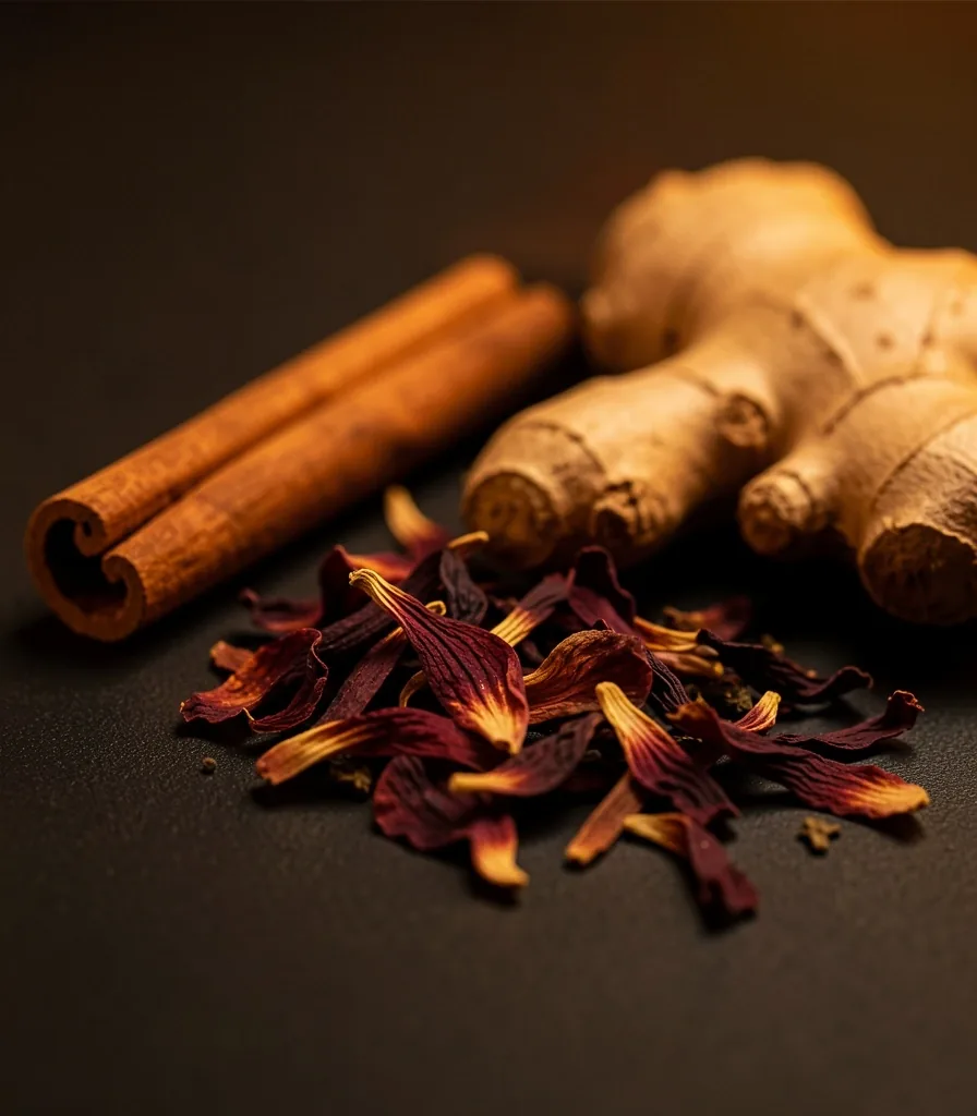 Dried herbal tea ingredients arranged on dark surface