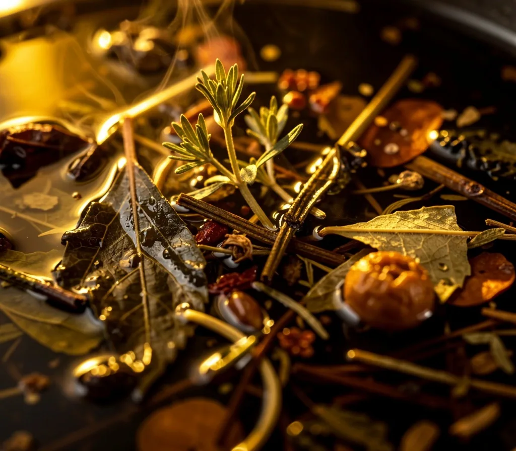 Macro view of loose-leaf tea leaves steeping in dark amber infusion