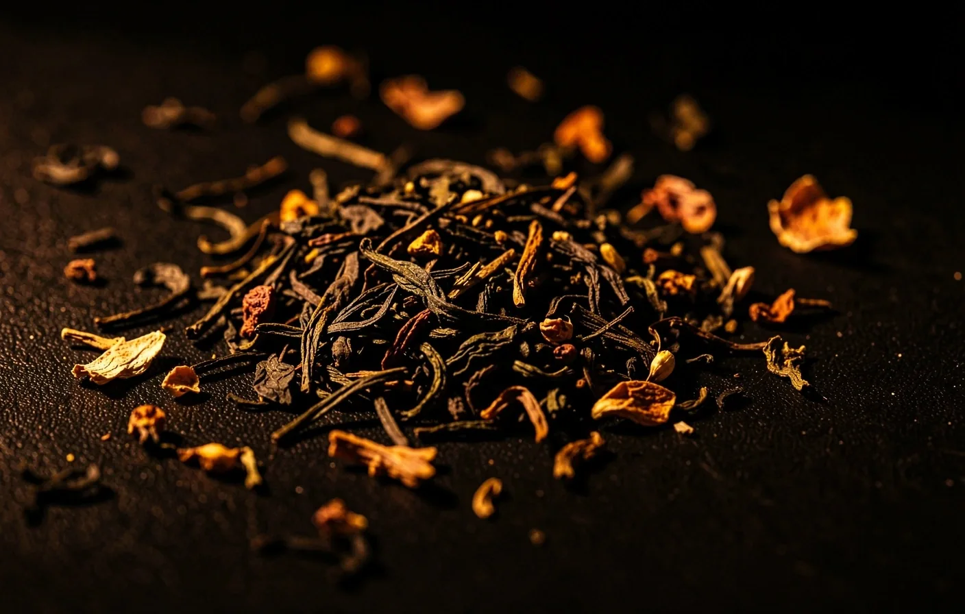 Macro view of loose-leaf tea leaves on a dark surface